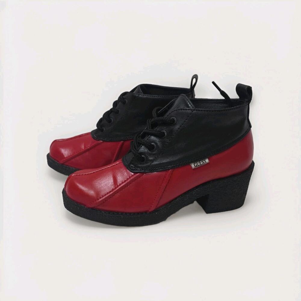 GUESS Red Faux Leather Combat Ankle Boots Lace-Up Size 5.5 Comfort Rubber Sole